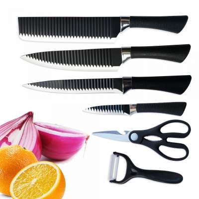 Kitchen knife sets with stainless steel wave shaped blade black non-stick coating anti-slip handle 6 PCS packed in gift box