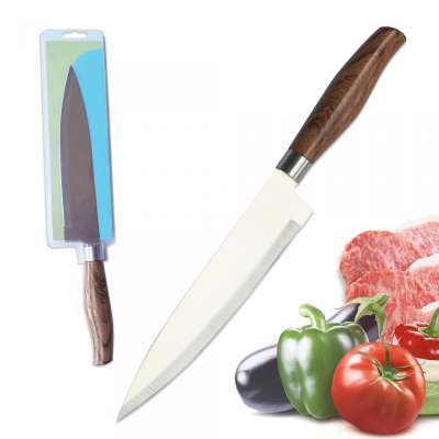 8 inch Kitchen Chefs knife of stainless steel blade and plastic handle with wooden grain coating and packed in try card home use